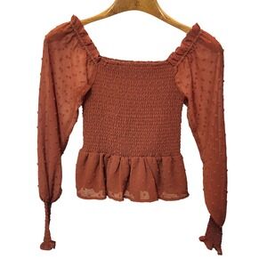 Q+A LA Women XS Smocked Rust Burnout Dot Square Neck Peplum Blouse Fairy Boho